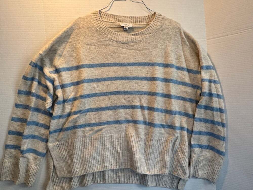 CeCe Women's Beige and Blue Striped Long Sleeve Crewneck Sweater Size XL